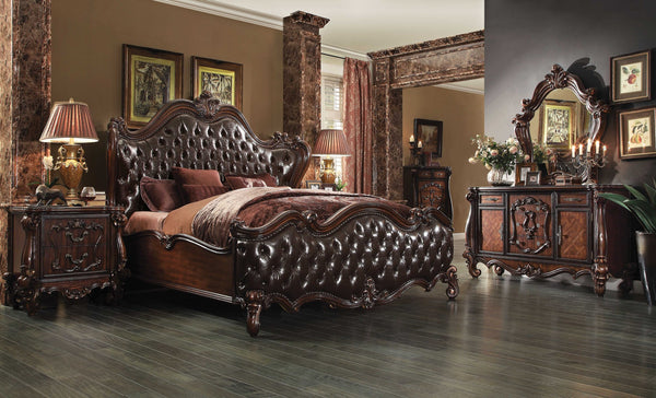 Homeroots Solid Wood Queen Tufted Dark Brown Upholstered Faux Leather Bed With Nailhead Trim  Wood 348173