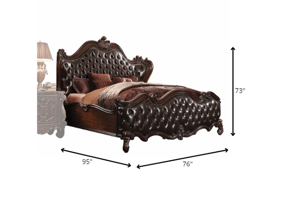 Homeroots Solid Wood Queen Tufted Dark Brown Upholstered Faux Leather Bed With Nailhead Trim  Wood 348173