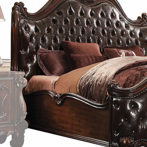 Homeroots Solid Wood Queen Tufted Dark Brown Upholstered Faux Leather Bed With Nailhead Trim  Wood 348173