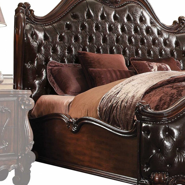 Homeroots Solid Wood Queen Tufted Dark Brown Upholstered Faux Leather Bed With Nailhead Trim  Wood 348173