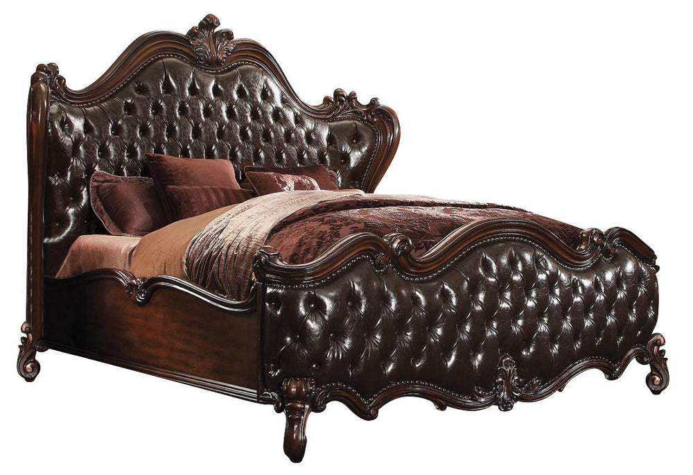 Homeroots Solid Wood Queen Tufted Dark Brown Upholstered Faux Leather Bed With Nailhead Trim  Wood 348173