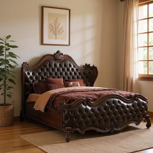 HomeRoots Dark Brown King Bed Frame with Timeless Tufted Design and Elegant Nailhead Trim for Luxe Comfort Queen 348173