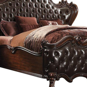 Homeroots Solid Wood Queen Tufted Dark Brown Upholstered Faux Leather Bed With Nailhead Trim  Wood 348173
