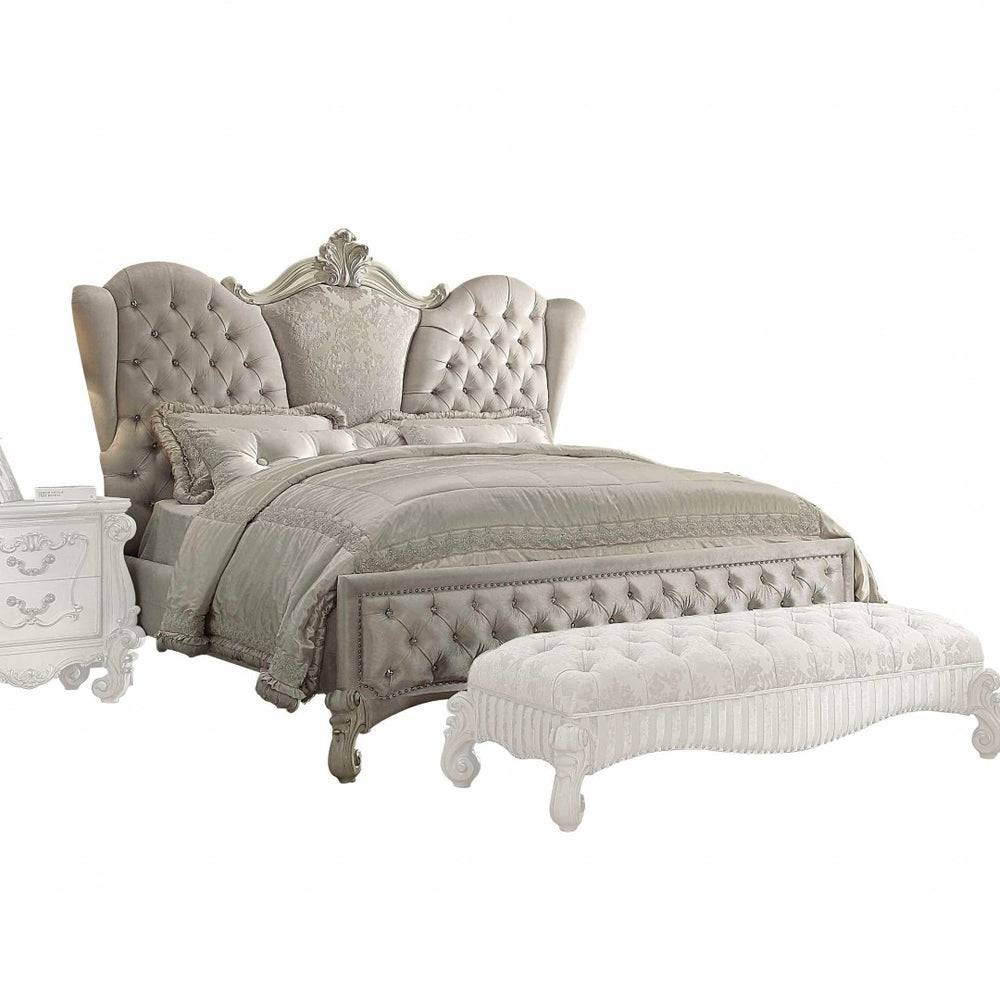 HomeRoots Ivory Velvet Tufted Bed Frame - Classic Solid Wood Design with Arched Headboard & Storage Options 348174