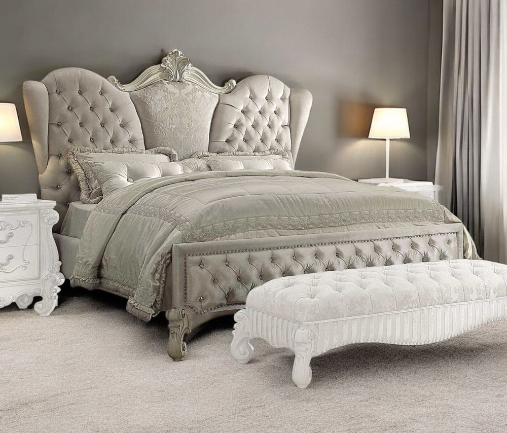 HomeRoots Ivory Velvet Tufted Bed Frame - Classic Solid Wood Design with Arched Headboard & Storage Options 348174