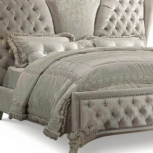 HomeRoots Ivory Solid Wood Bed Frame with Luxurious Tufted Velvet and Nailhead Trim for Elegant Bedrooms Eastern King 348175