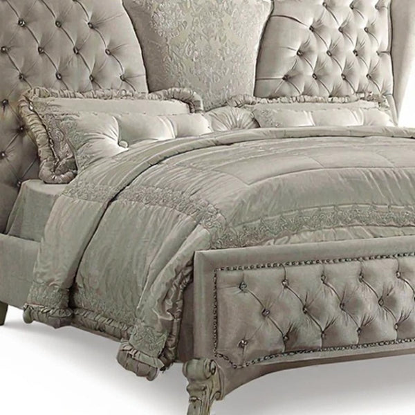 HomeRoots Ivory Solid Wood Bed Frame with Luxurious Tufted Velvet and Nailhead Trim for Elegant Bedrooms Eastern King 348175