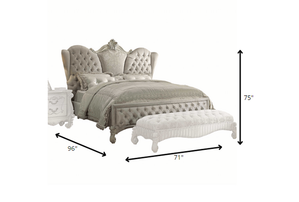 Homeroots 91" X 96" X 75" Ivory Velvet Bone White Upholstery Poly Resin Eastern King Bed  Polyresin 348175