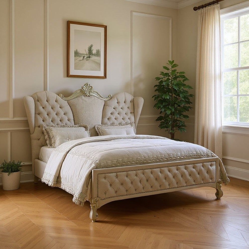 HomeRoots Ivory Solid Wood Bed Frame with Luxurious Tufted Velvet and Nailhead Trim for Elegant Bedrooms Eastern King 348175