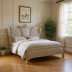 HomeRoots Ivory Solid Wood Bed Frame with Luxurious Tufted Velvet and Nailhead Trim for Elegant Bedrooms Eastern King 348175