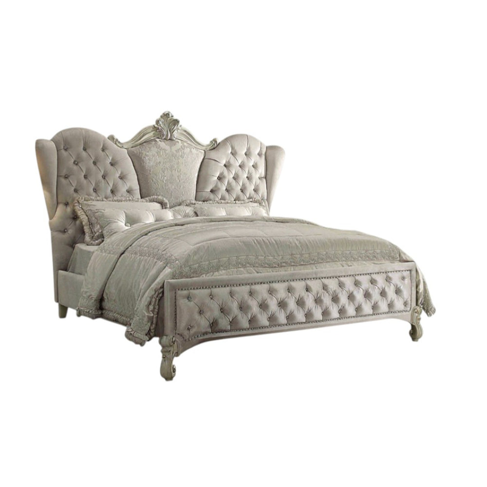 HomeRoots Ivory Solid Wood Bed Frame with Luxurious Tufted Velvet and Nailhead Trim for Elegant Bedrooms Eastern King 348175