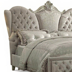 HomeRoots Ivory Solid Wood Bed Frame with Luxurious Tufted Velvet and Nailhead Trim for Elegant Bedrooms Queen 348176