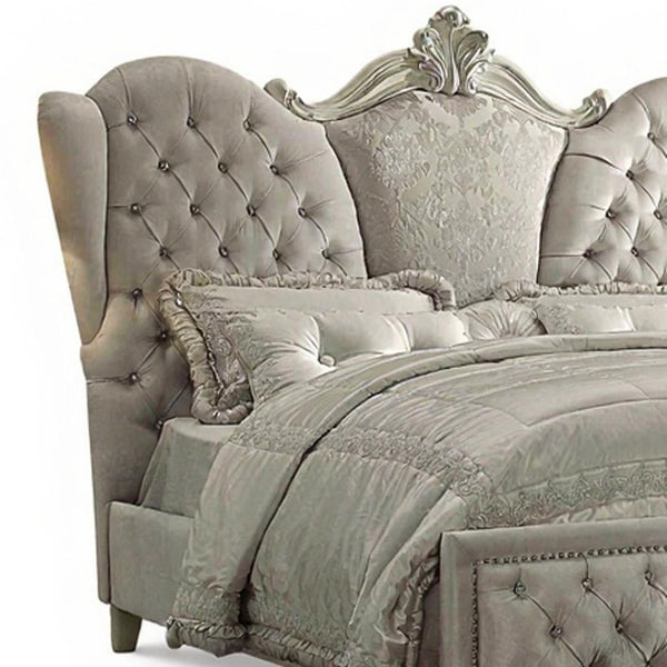 HomeRoots Ivory Solid Wood Bed Frame with Luxurious Tufted Velvet and Nailhead Trim for Elegant Bedrooms Queen 348176
