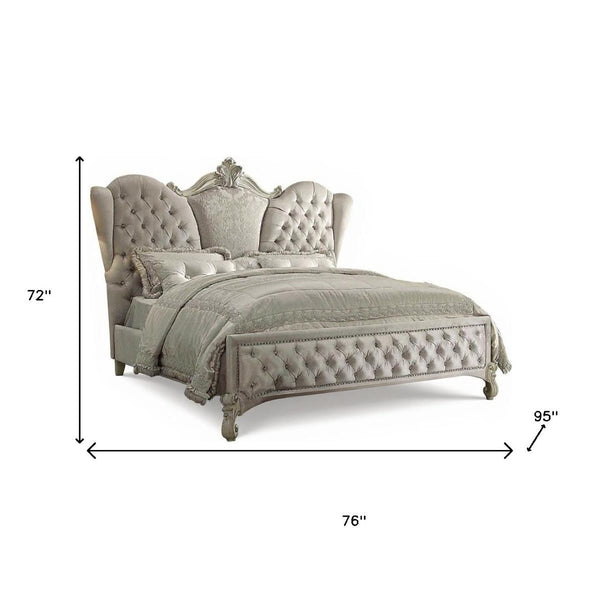 HomeRoots Ivory Solid Wood Bed Frame with Luxurious Tufted Velvet and Nailhead Trim for Elegant Bedrooms Queen 348176