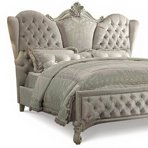HomeRoots Ivory Solid Wood Bed Frame with Luxurious Tufted Velvet and Nailhead Trim for Elegant Bedrooms Queen 348176