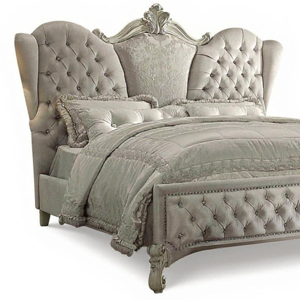 HomeRoots Ivory Solid Wood Bed Frame with Luxurious Tufted Velvet and Nailhead Trim for Elegant Bedrooms Queen 348176