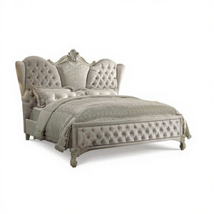 HomeRoots Ivory Solid Wood Bed Frame with Luxurious Tufted Velvet and Nailhead Trim for Elegant Bedrooms Queen 348176