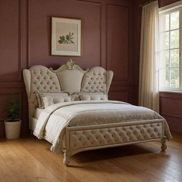 HomeRoots Ivory Solid Wood Bed Frame with Luxurious Tufted Velvet and Nailhead Trim for Elegant Bedrooms Queen 348176