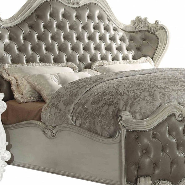 HomeRoots Gray Carved Scrollwork Solid Wood Bed Frame with Tufted Faux Leather & Nailhead Trim for Elegance California King 348177