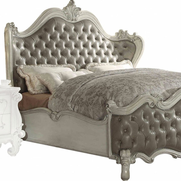 HomeRoots Gray Carved Scrollwork Solid Wood Bed Frame with Tufted Faux Leather & Nailhead Trim for Elegance California King 348177