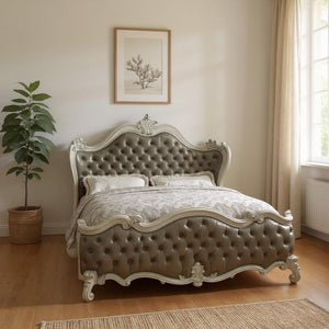 HomeRoots Gray Carved Scrollwork Solid Wood Bed Frame with Tufted Faux Leather & Nailhead Trim for Elegance California King 348177