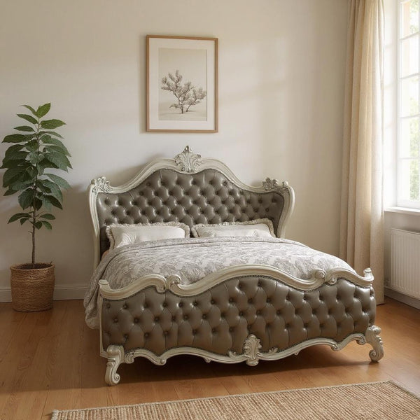 HomeRoots Gray Carved Scrollwork Solid Wood Bed Frame with Tufted Faux Leather & Nailhead Trim for Elegance California King 348177