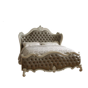 HomeRoots Gray Carved Scrollwork Solid Wood Bed Frame with Tufted Faux Leather & Nailhead Trim for Elegance California King 348177