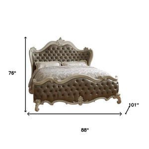 HomeRoots Gray Carved Scrollwork Solid Wood Bed Frame with Tufted Faux Leather & Nailhead Trim for Elegance California King 348177