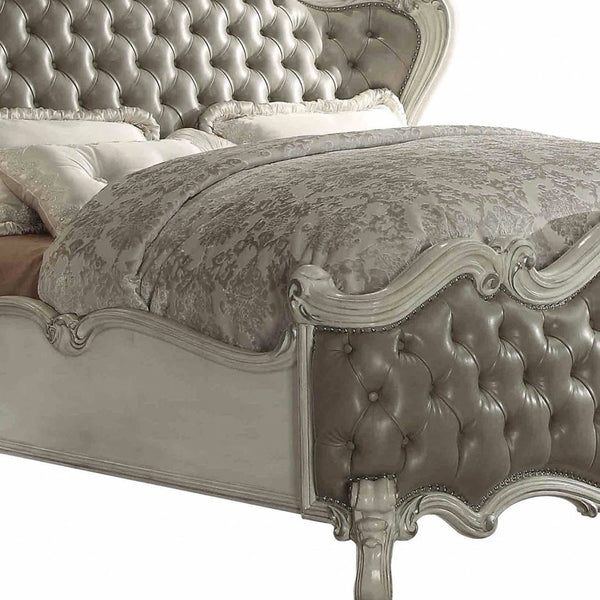 Homeroots King Tufted Ivory And Gray Upholstered Faux Leather Bed With Nailhead Trim  Polyresin And Manufactured Wood 348178