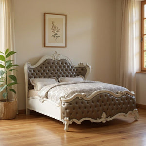 HomeRoots Gray Carved Scrollwork Solid Wood Bed Frame with Tufted Faux Leather & Nailhead Trim for Elegance Eastern King 348178