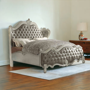 Homeroots King Tufted Ivory And Gray Upholstered Faux Leather Bed With Nailhead Trim  Polyresin And Manufactured Wood 348178