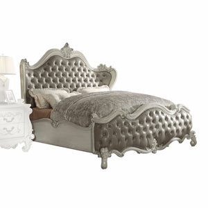Homeroots 76" X 95" X 73" Vintage Gray Pu Bone White Wood Poly Resin Upholstery Queen Bed  Wood 348179