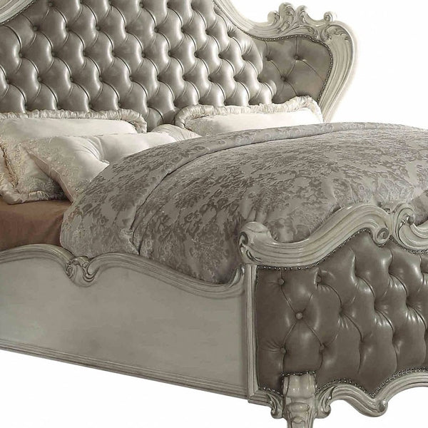 Homeroots 76" X 95" X 73" Vintage Gray Pu Bone White Wood Poly Resin Upholstery Queen Bed  Wood 348179