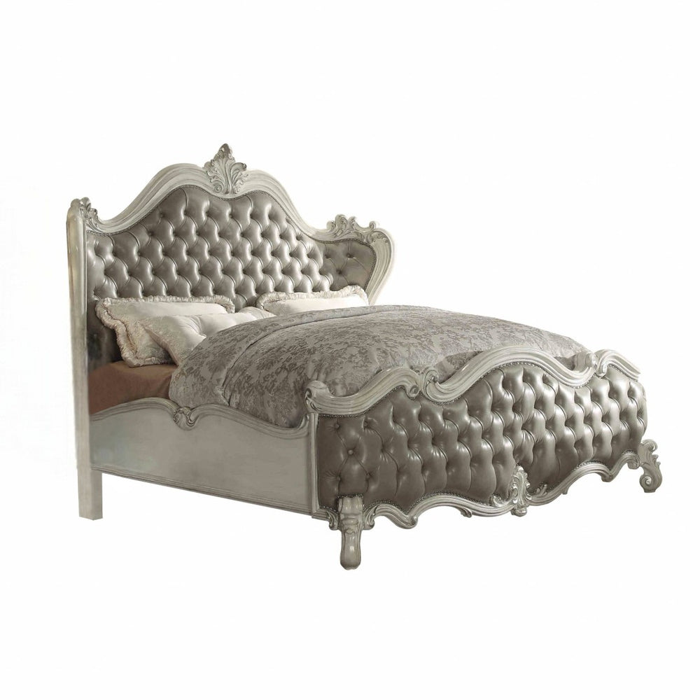 HomeRoots Gray Carved Scrollwork Solid Wood Bed Frame with Tufted Faux Leather & Nailhead Trim for Elegance Queen 348179