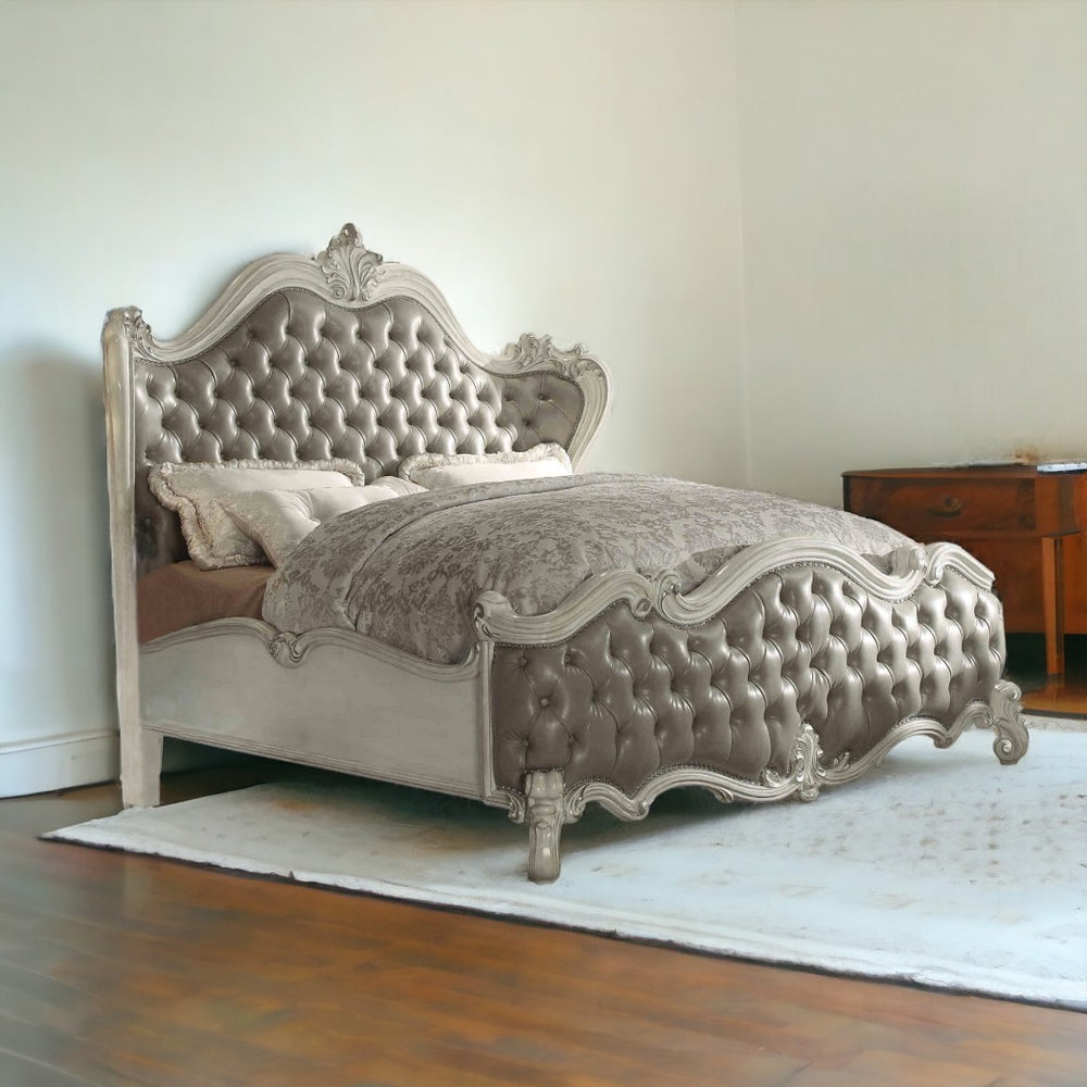 HomeRoots Gray Carved Scrollwork Solid Wood Bed Frame with Tufted Faux Leather & Nailhead Trim for Elegance Queen 348179