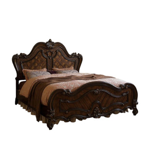 HomeRoots Dark Brown Solid Wood Bed Frame – Timeless European Design with Carved Scrollwork for Elegant Bedrooms California King 348180