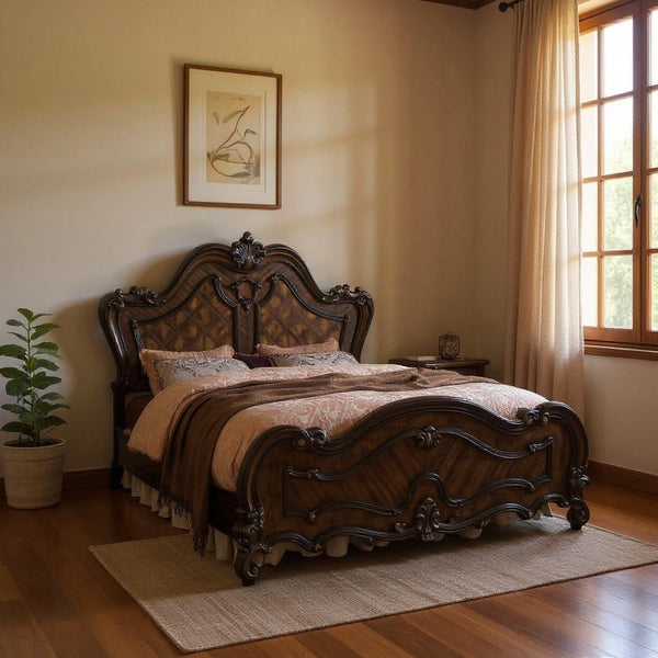 HomeRoots Dark Brown Solid Wood Bed Frame – Timeless European Design with Carved Scrollwork for Elegant Bedrooms California King 348180