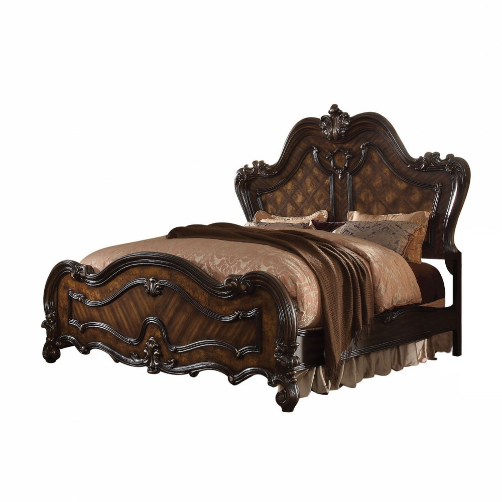 HomeRoots Dark Brown Solid Wood Bed Frame – Timeless European Design with Carved Scrollwork for Elegant Bedrooms Queen 348182