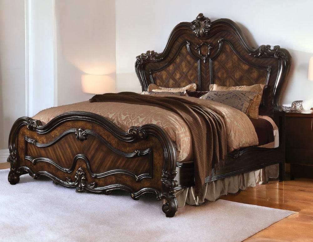 HomeRoots Dark Brown Solid Wood Bed Frame – Timeless European Design with Carved Scrollwork for Elegant Bedrooms Queen 348182
