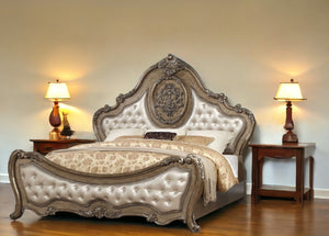 HomeRoots Oak Tufted Upholstered Bed Frame with Hand-Carved Floral Details – Vintage French Elegance & Durability 348188