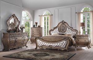 HomeRoots Oak Tufted Upholstered Bed Frame with Hand-Carved Floral Details – Vintage French Elegance & Durability 348188