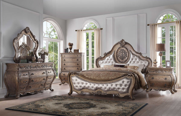 HomeRoots Oak Tufted Upholstered Bed Frame with Hand-Carved Floral Details – Vintage French Elegance & Durability 348188