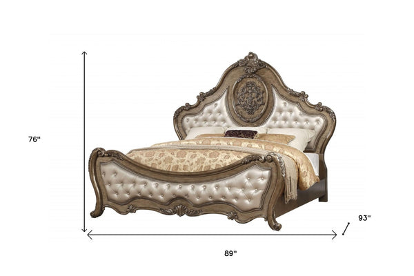HomeRoots Oak Tufted Upholstered Bed Frame with Hand-Carved Floral Details – Vintage French Elegance & Durability 348188