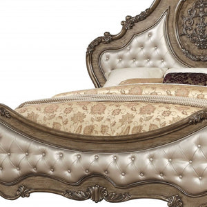 HomeRoots Oak Tufted Upholstered Bed Frame with Hand-Carved Floral Details – Vintage French Elegance & Durability 348188