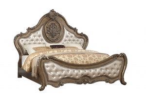 HomeRoots Oak Tufted Upholstered Bed Frame with Hand-Carved Floral Details – Vintage French Elegance & Durability 348188