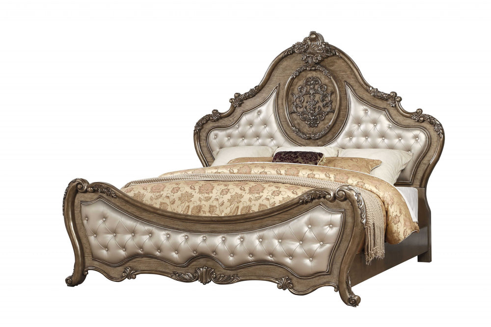 Homeroots Oak And Bronze Solid Wood King Tufted Upholstered Faux Leather Bed Frame With Nailhead Trim  Wood 348189