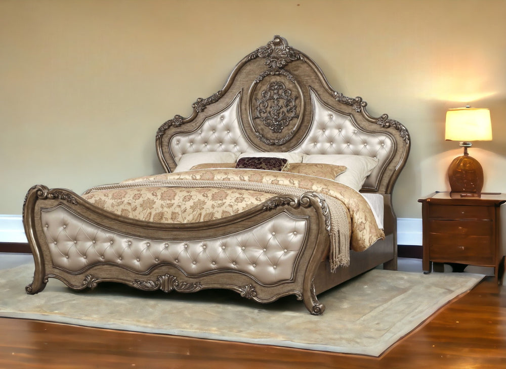 Homeroots Oak And Bronze Solid Wood King Tufted Upholstered Faux Leather Bed Frame With Nailhead Trim  Wood 348189