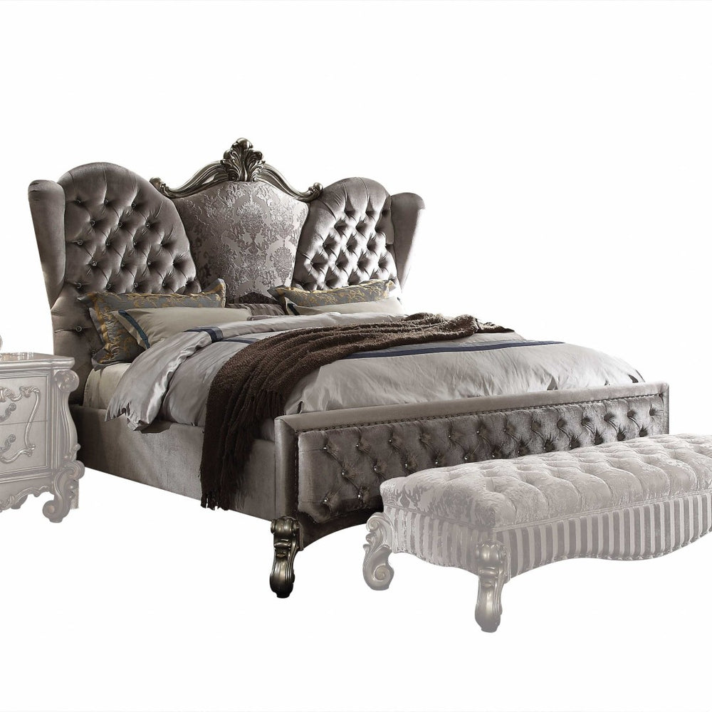 HomeRoots 87" Velvet Antique Platinum Upholstered Bed with Storage, Stylish Design, and Elegant Accents California King 348194
