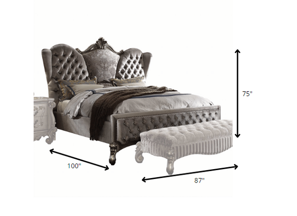 Homeroots 87" X 100" X 75" Velvet Antique Platinum Upholstery Poly Resin California King Bed  Polyresin 348194