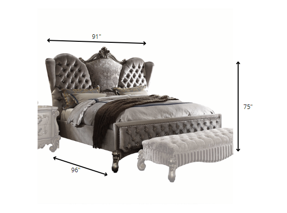 Homeroots King Tufted Gray And Gray And Black Upholstered Velvet Bed With Nailhead Trim  Polyresin And Manufactured Wood 348195